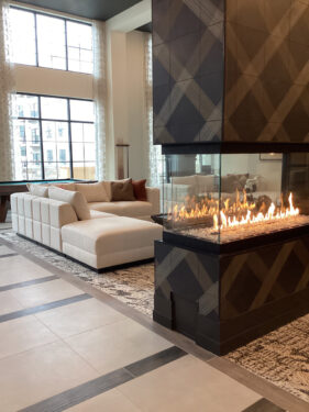 Resident lounge featuring a fireplace